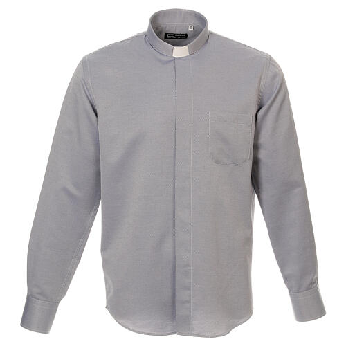 Long sleeved shirt, clergy collar, honeycomb grey silk Cococler 1