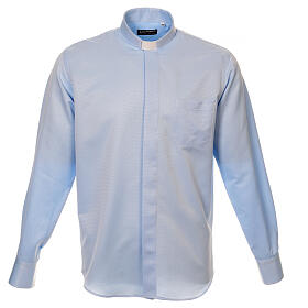 Long sleeved shirt, clergy collar, honeycomb light blue silk Cococler