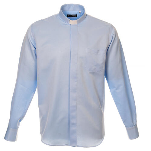 Long sleeved shirt, clergy collar, honeycomb light blue silk Cococler 1