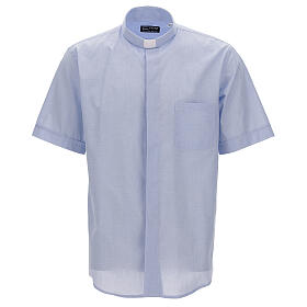 Short sleeved shirt, clergy collar, light blue fil à fil fabric