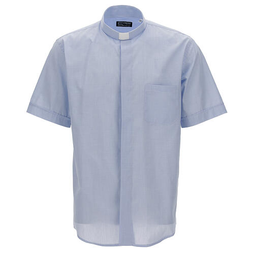 Short sleeved shirt, clergy collar, light blue fil à fil fabric Cococler 1