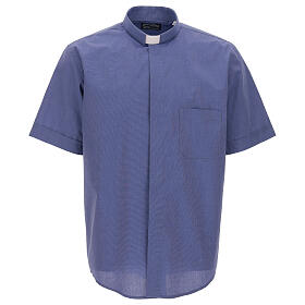 Short sleeved shirt, clergy collar, blue fil à fil fabric Cococler