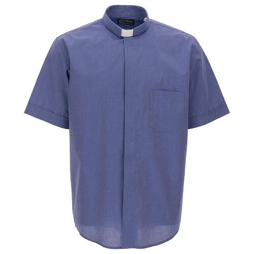 Short sleeved shirt, clergy collar, blue fil à fil fabric Cococler 1
