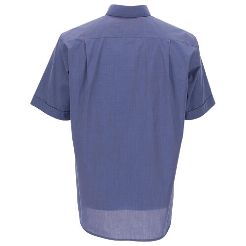 Short sleeved shirt, clergy collar, blue fil à fil fabric Cococler 4