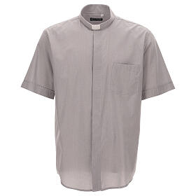 Short sleeved shirt, clergy collar, light grey fil à fil fabric