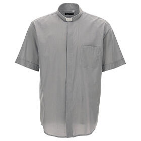Short sleeved shirt, clergy collar, light grey fil à fil fabric Cococler