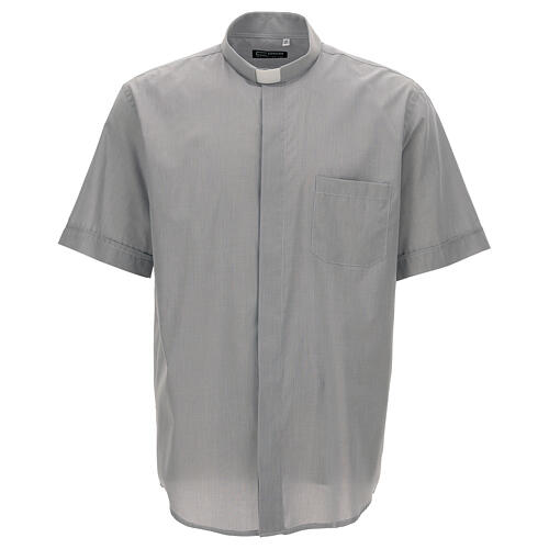 Short sleeved shirt, clergy collar, light grey fil à fil fabric Cococler 1