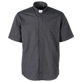 Short sleeved shirt, clergy collar, dark grey fil à fil fabric