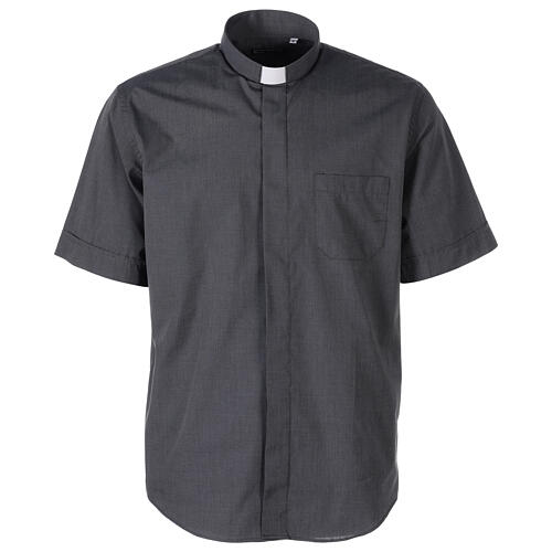 Short sleeved shirt, clergy collar, dark grey fil à fil fabric Cococler 1
