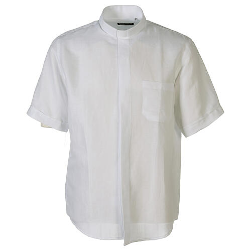Camicia collo clergy in lino mezza manica bianco Cococler 1