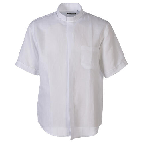 Camisa de sacerdote manga curta branca 60% linho e 40% algodão Cococler 1