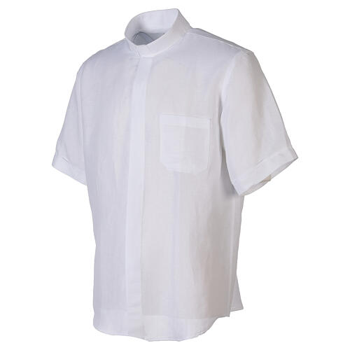 Camisa de sacerdote manga curta branca 60% linho e 40% algodão Cococler 3