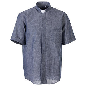 Clergy shirt with short sleeves, blue linen