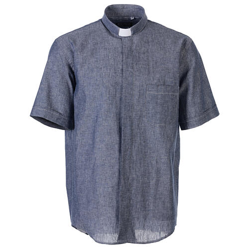 Clergy shirt with short sleeves, blue linen Cococler 1