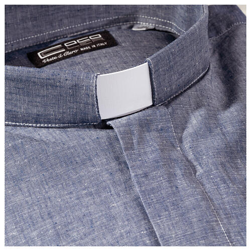 Clergy shirt with short sleeves, blue linen Cococler 2