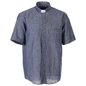 Chemise clergy bleu en lin à manches courtes Cococler