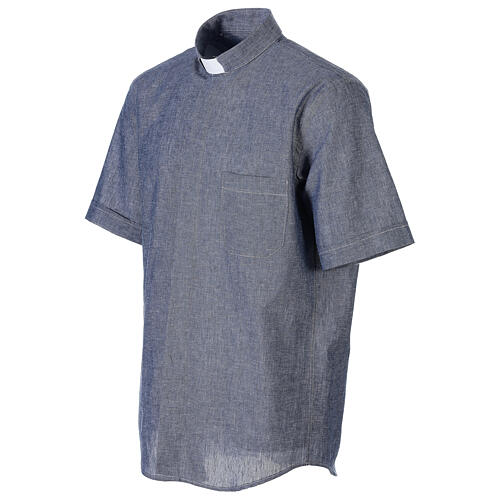 Koszula kapłańska niebieska z lnu krótki rękaw Cococler 3