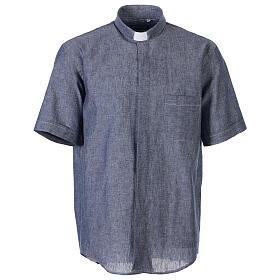 Camisa para sacerdote azul escuro em linho de manga curta Cococler