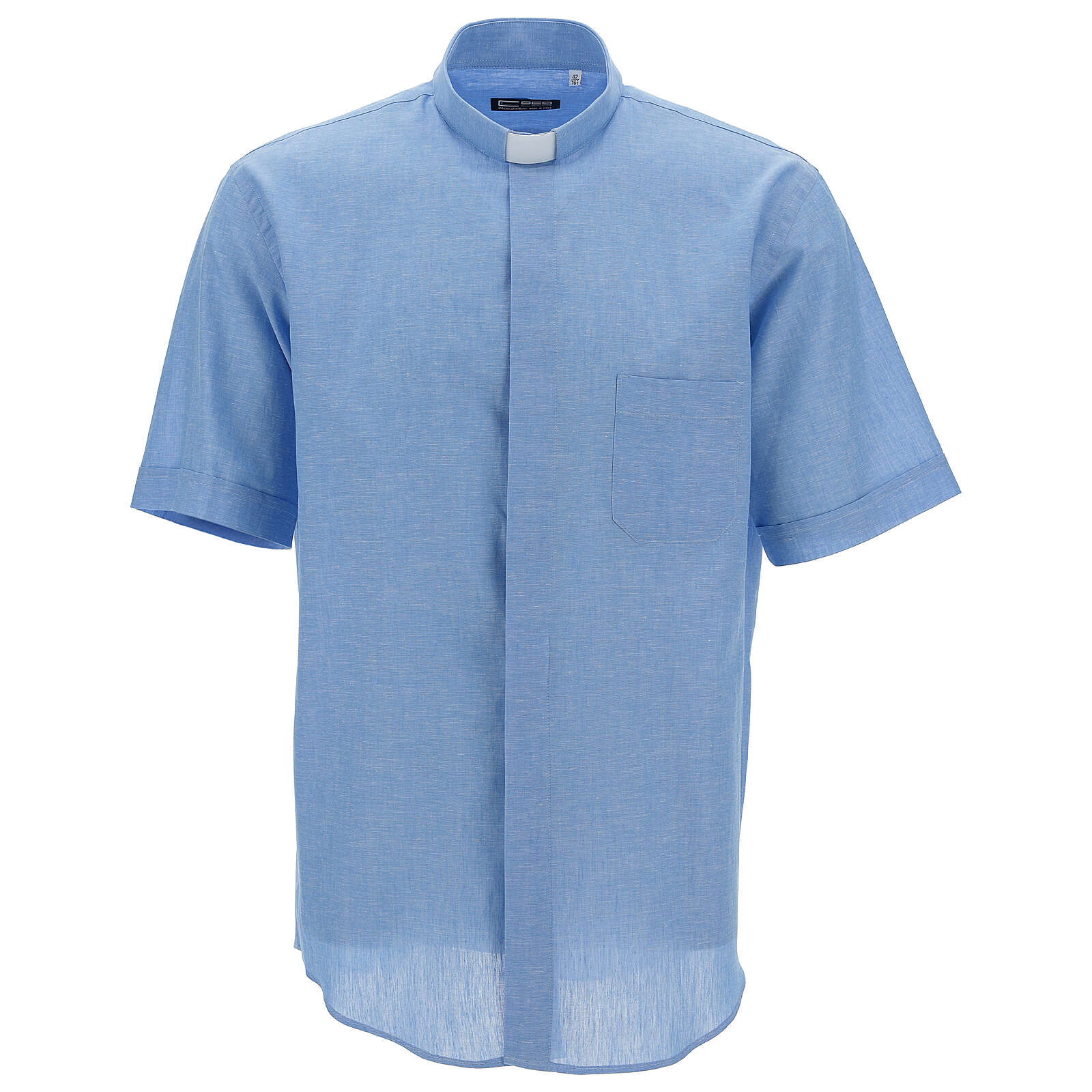 Clergy shirt with short sleeves, light blue linen | online sales on ...