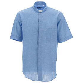 Clergy shirt with short sleeves, light blue linen