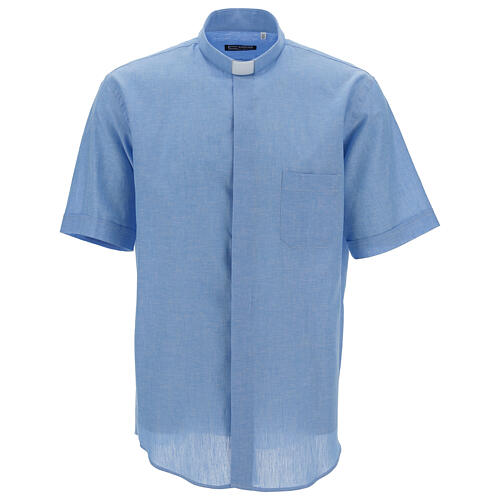 Clergy shirt with short sleeves, light blue linen Cococler 1