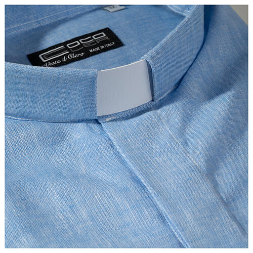 Clergy shirt with short sleeves, light blue linen Cococler 2