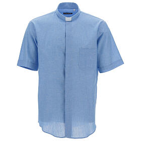 Camicia clergy in lino celeste manica corta Cococler