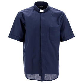 Clergy shirt with short sleeves, blue cotton blend