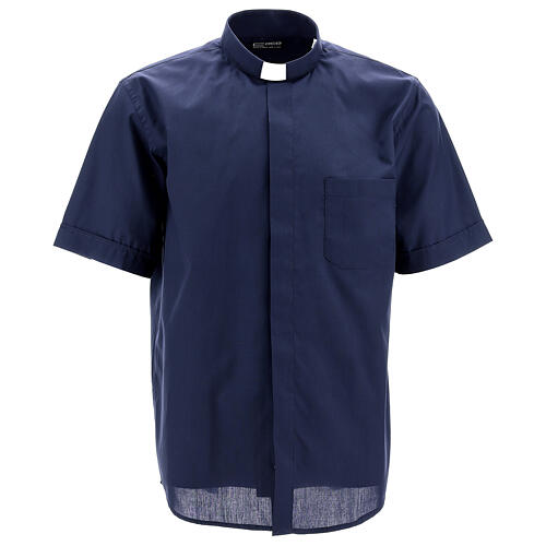 Clergy shirt with short sleeves, blue cotton blend Cococler 1