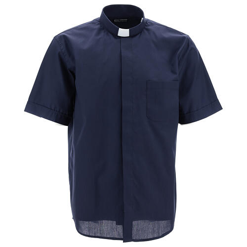 Camisa para sacerdote manga curta misto algodão azul escuro Cococler 1