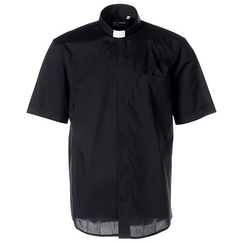 Clergy shirt with short sleeves, black cotton blend 1