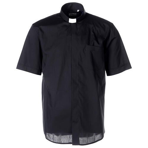 Camisa clergy negra manga corta mixto algodón Cococler 1
