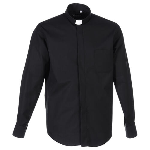 Long sleeved shirt with clergy collar, black fil à fil cotton blend Cococler 1