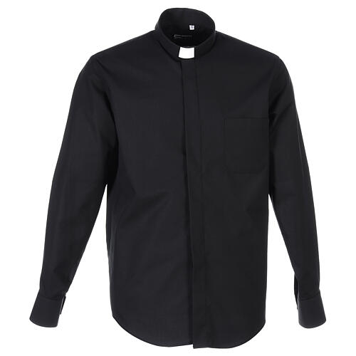 Camisa de sacerdote manga comprida preta fil a fil 80% algodão e 20% poliéster Cococler 1
