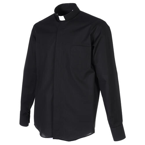 Camisa de sacerdote manga comprida preta fil a fil 80% algodão e 20% poliéster Cococler 3