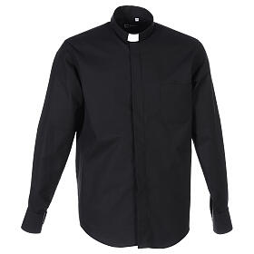 Long sleeved shirt with clergy collar, black fil à fil cotton blend