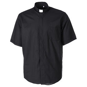 Short sleeved shirt with clergy collar, black fil à fil cotton blend
