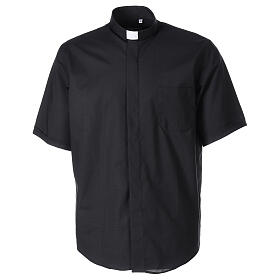 Short sleeved shirt with clergy collar, black fil à fil cotton blend Cococler