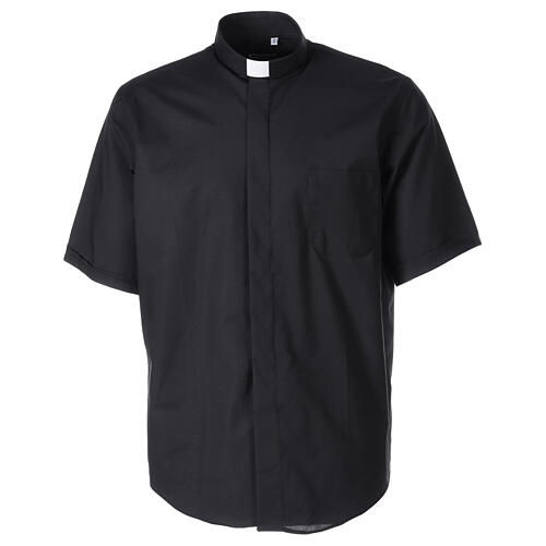 Short sleeved shirt with clergy collar, black fil à fil cotton blend Cococler 1