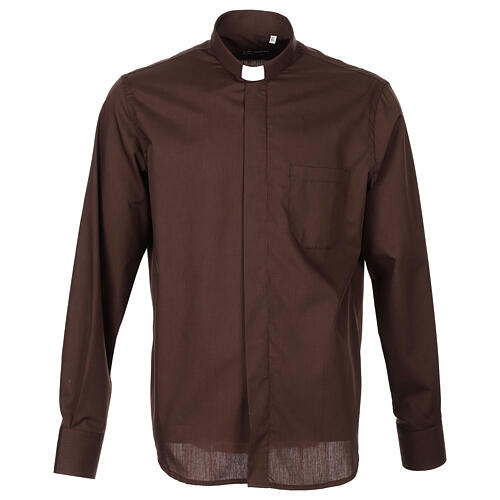 Cococler clergyman's shirt, brown cotton blend, long sleeve 1