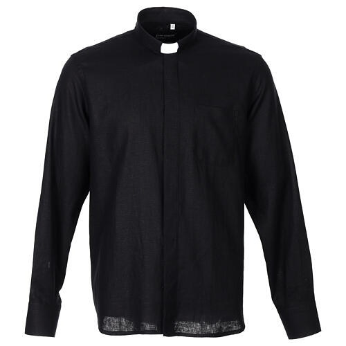 Chemise Cococler mélange de coton noir col romain pour prêtre manches longues 1