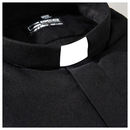 Chemise Cococler mélange de coton noir col romain pour prêtre manches longues 3