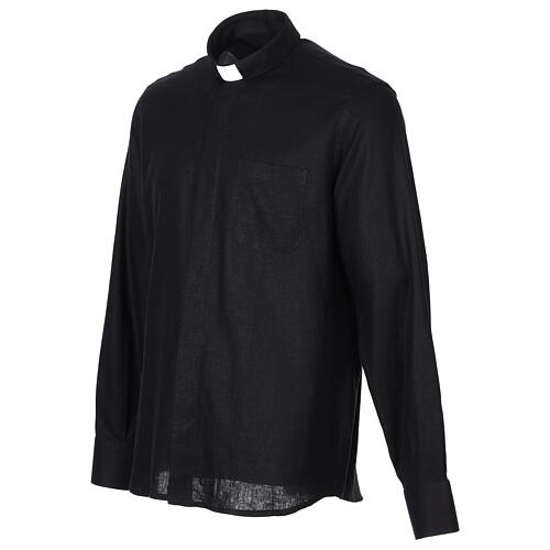 Chemise Cococler mélange de coton noir col romain pour prêtre manches longues 5