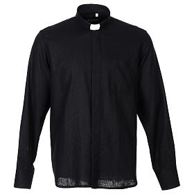 Camicia Cococler in misto lino Nero collo clergy manica lunga