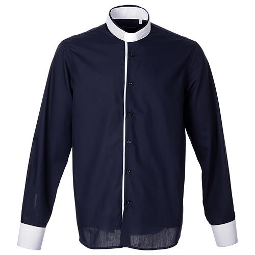 Chemise Paradise bleue col romain clergy Cococler manches longues manchettes et col à rayures blancs 1