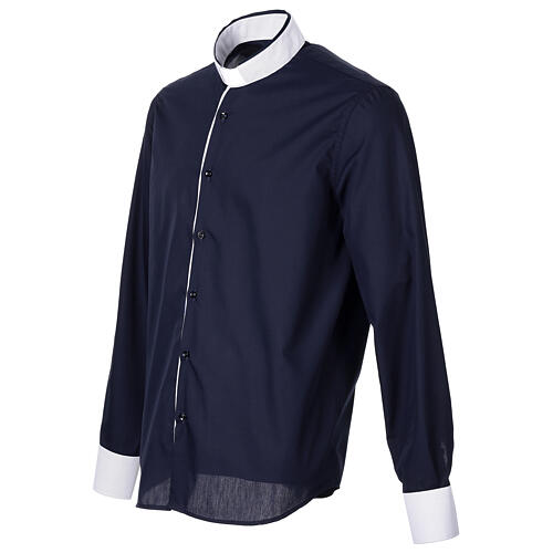 Chemise Paradise bleue col romain clergy Cococler manches longues manchettes et col à rayures blancs 4