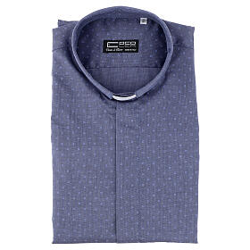 Koszula kapłańska 100% bawełna, bez prasowania, mikro wzór kwadratów, niebieski jasny, długi rękaw, CocoCler