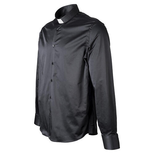 Chemise clergyman noir satin manches longues Cococler 100% coton 3