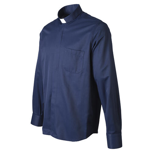 Camicia clergyman Jacquard blu scuro manica lunga misto cotone seta Cococler 4