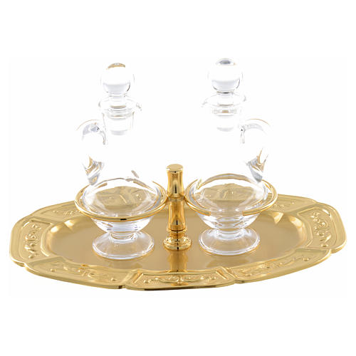 Glass cruets with gold-plated brass tray 1